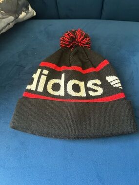 adidas Black, Red & Cream Pom Knit Beanie